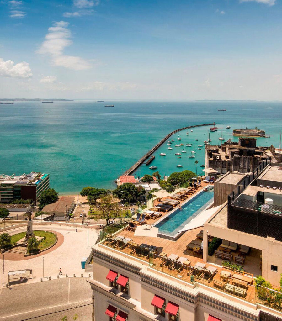 An aerial view showing the rooftop pool at Hotel Fasano – Salvador