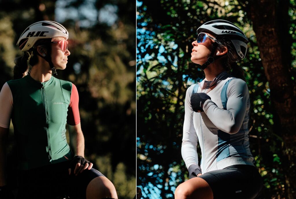 Two photographs showing a female cyclist wearing two different coloured tops from the brand