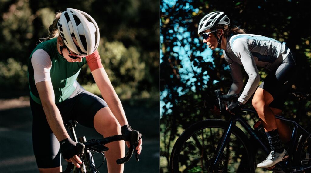 Two photographs show a female cyclist wearing the brands racing top and shorts in different colours