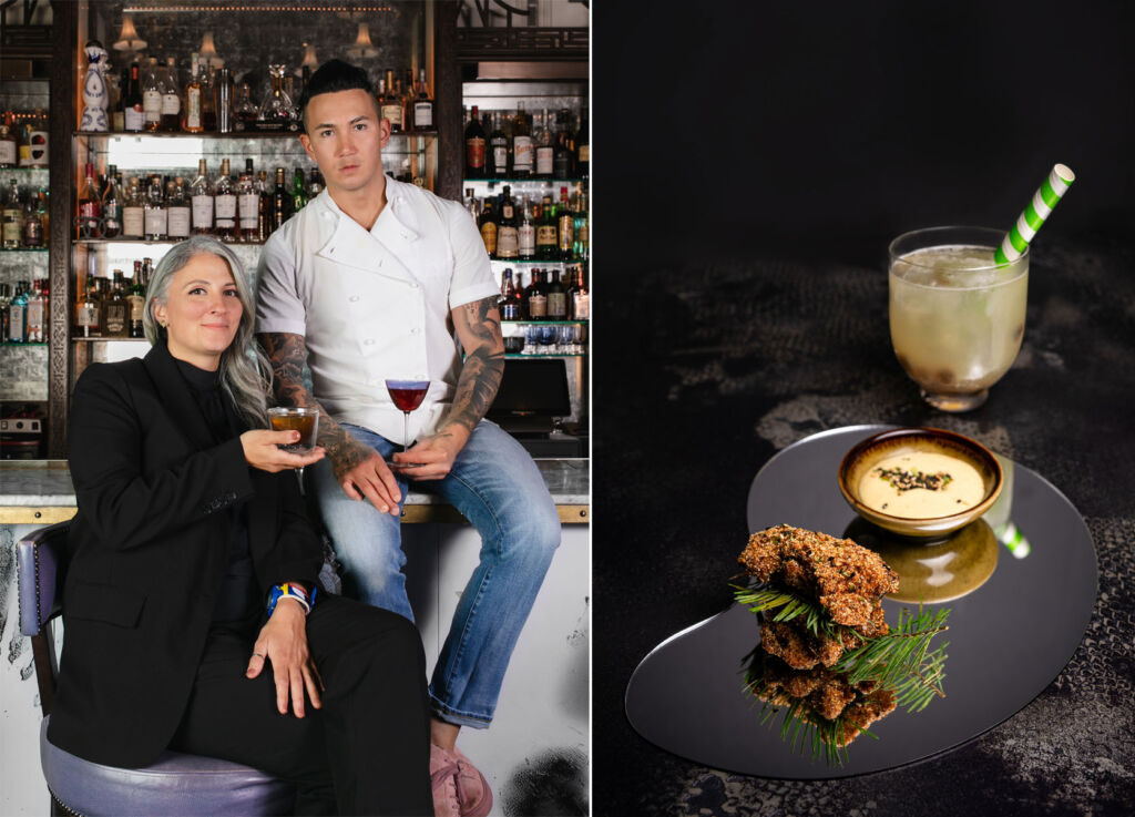 Two photos, the first showing Giulia and Sato, the second chicken with a cocktail