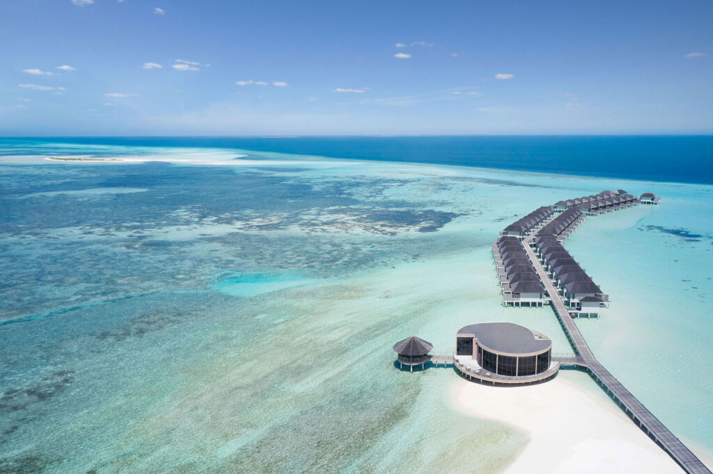 An aerial view of the overwater villas