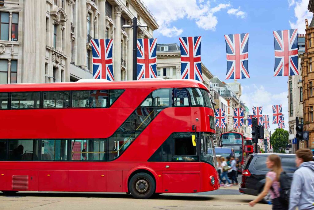 A red double decker bus in London