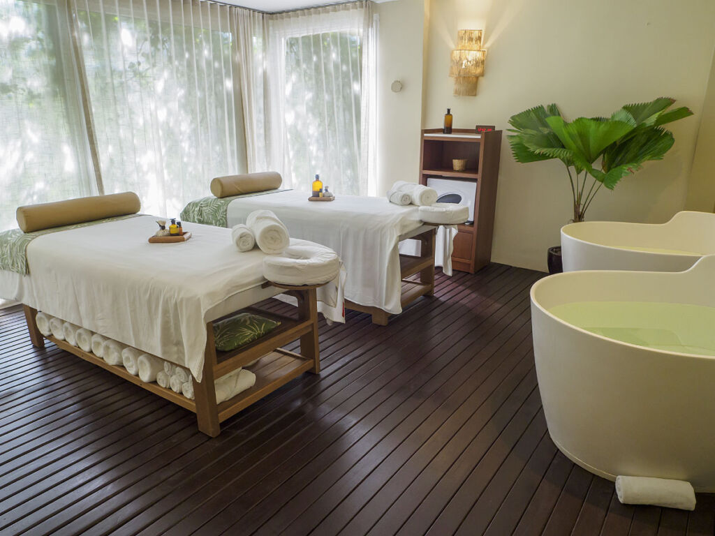 The treatment tables and baths in the spa