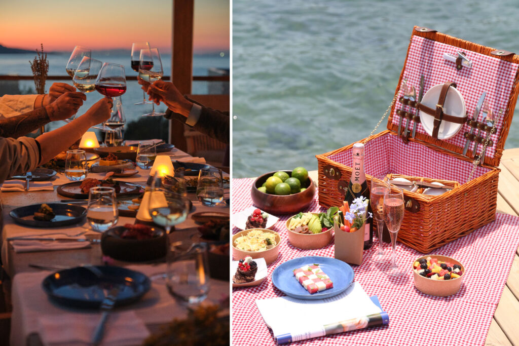 Two photos showing dining in the restaurant, and one of a picnic hamper by the shore