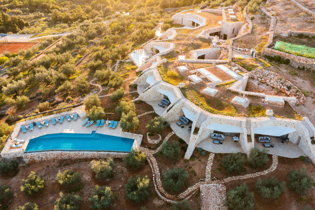 An aerial view of the property showing the swimming pool