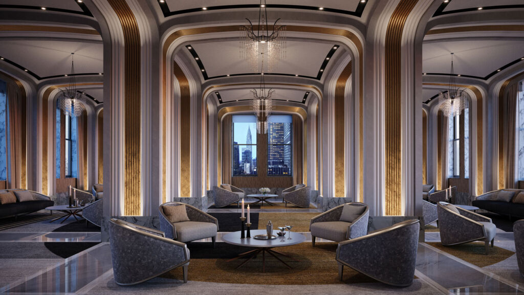 A rendering of a lounging area in the Grand Salon