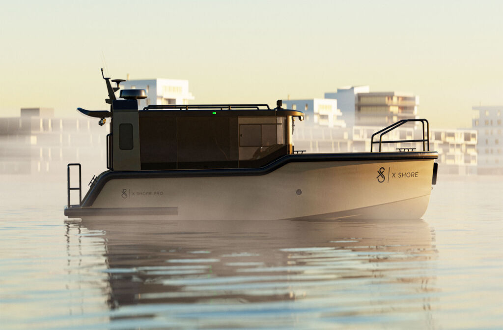 A side view of the electric boat on the water