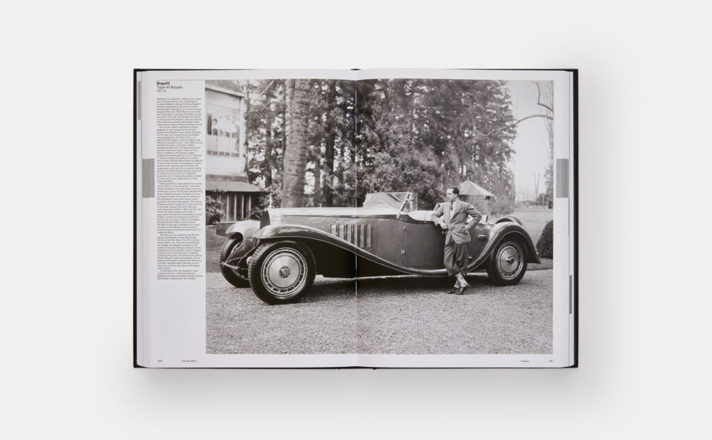 A vintage Bugatti Royale being featured inside the book
