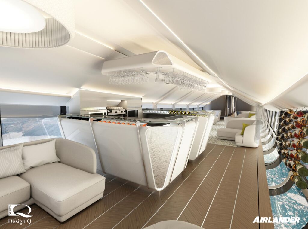 An artist's rendering of the bar and lounge area inside the airship