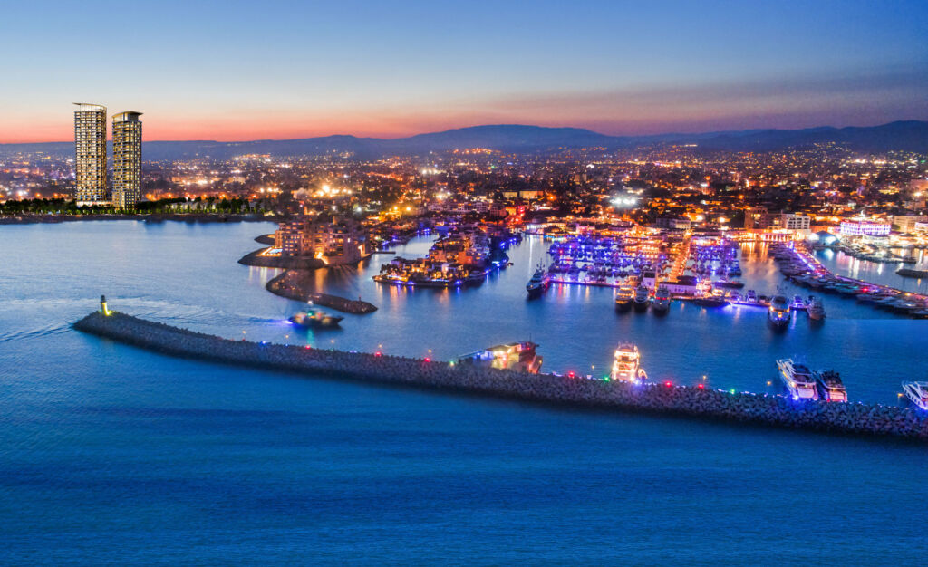 An aerial view of the marina at night