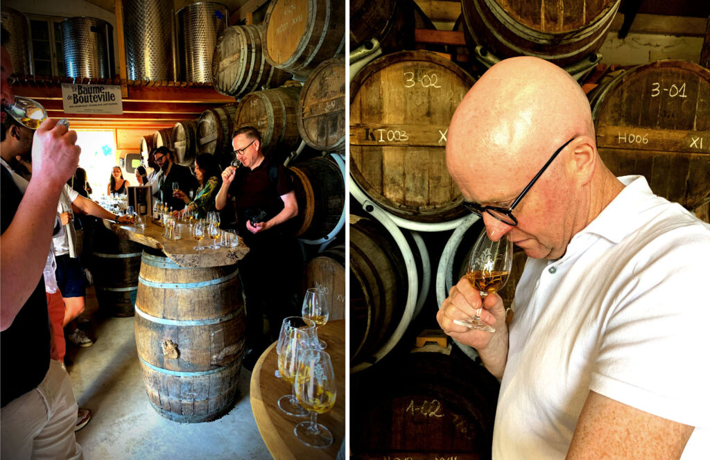 Two photographs, the first showing the 32YO and 22YO whiskey tasting at La Baume de Bouteville, the second showing Kevin smelling a dram at the tasting session
