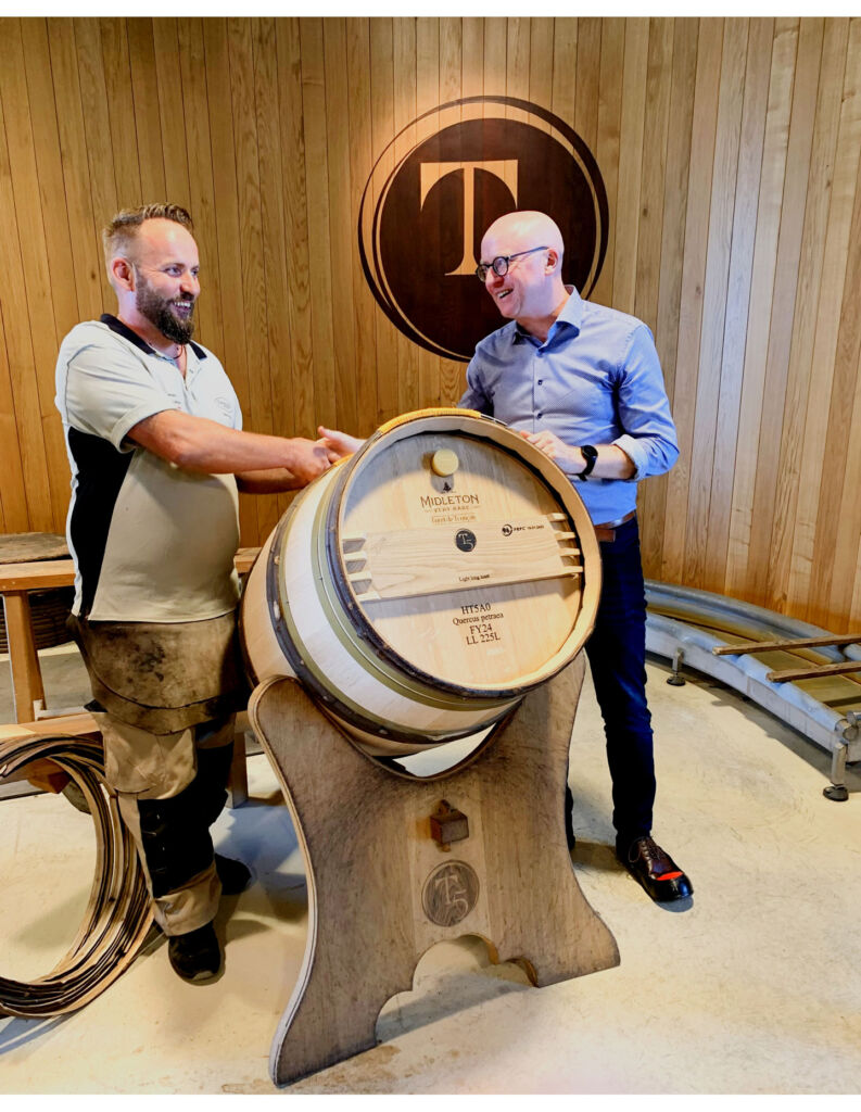 A cooper and Kevin O'Gorman with a T5 Cask