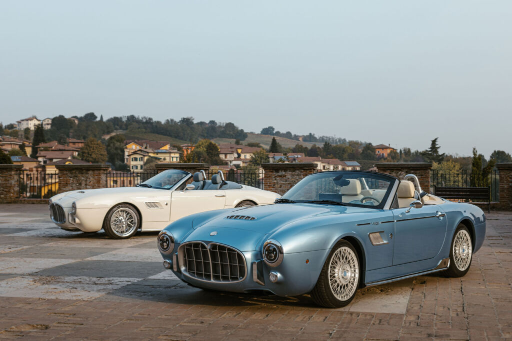A blue version and a white version of the limited production sports car