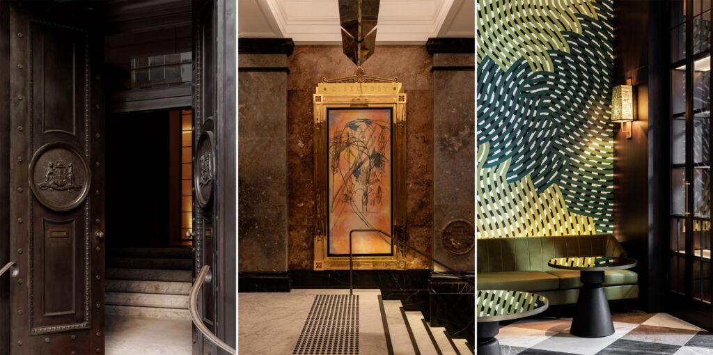 Three photographs, the first of the front door, the others showing artwork on display in the hotel