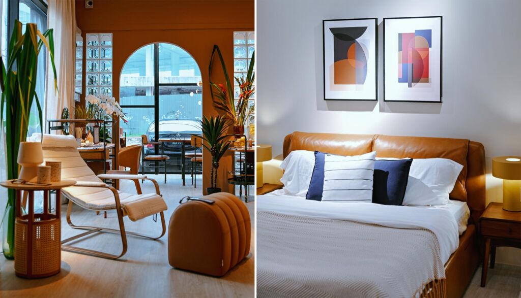 Two photographs showing the brands living room and bedroom furniture products
