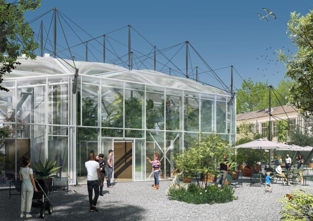 A rendering showing people entering one of the newly modernised and sustainable greenhouses