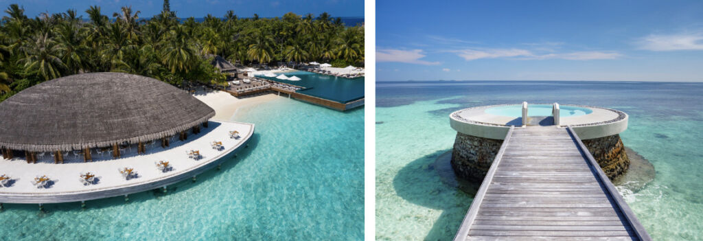 Two aerial views of the outdoor spaces at the resort