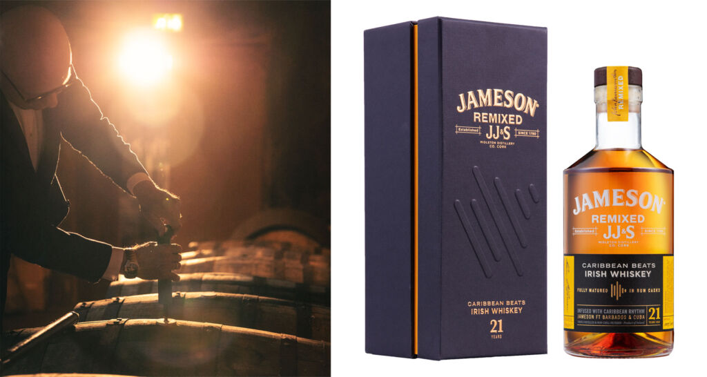 One photograph of Kevin taking a sample from a barrel and another of the bottle of whiskey and its box