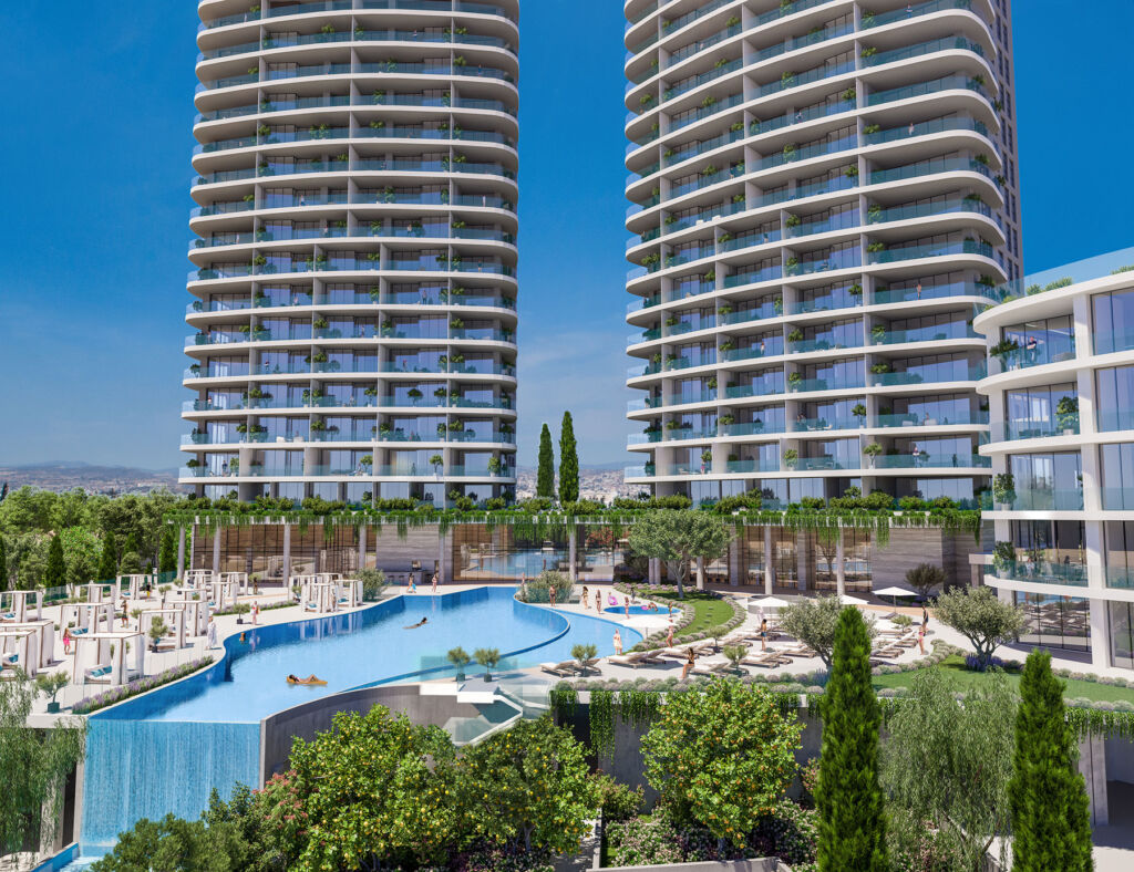 A rendering showing the spectacular outdoor pool fronting the towers