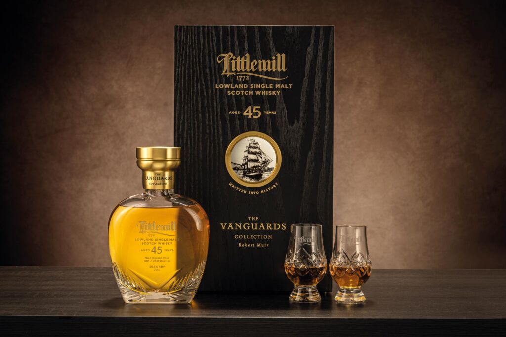 Littlemill The Vanguard Collection - Chapter One in its Glencairn decanter next to its case
