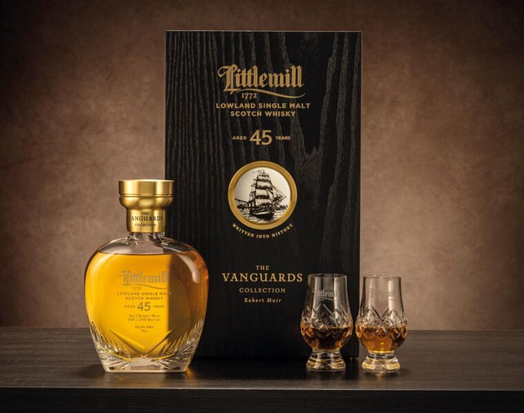 Littlemill The Vanguard Collection - Chapter One in its Glencairn decanter next to its case