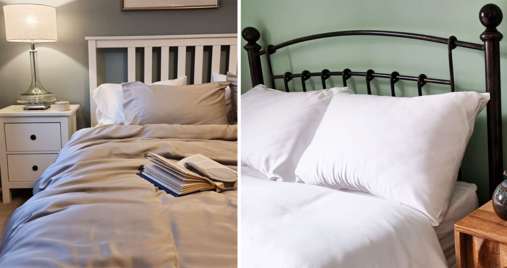 Two photographs showing the grey and white bedding options