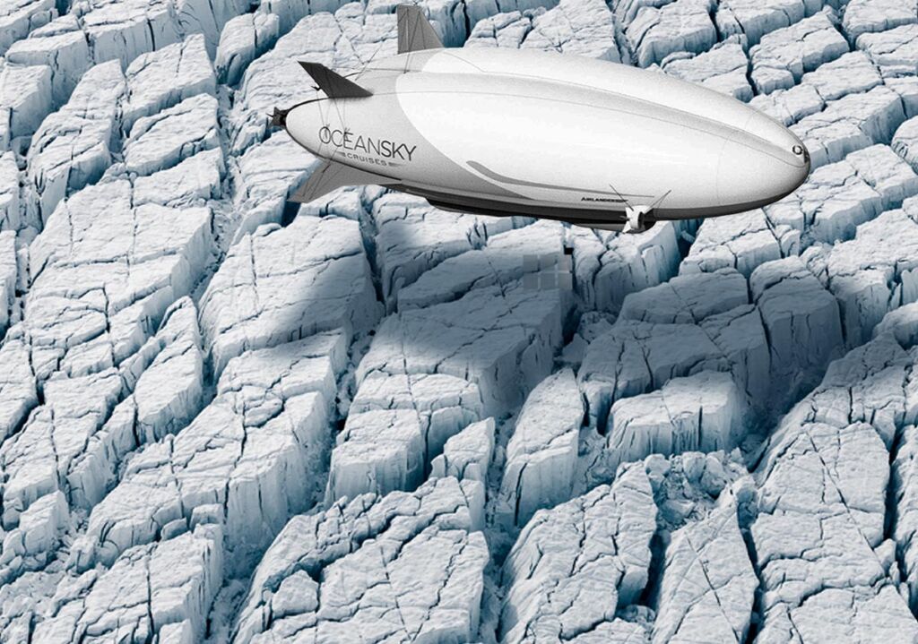 A rendering of the airship flying over the snow and ice