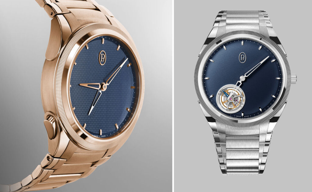 Two of the company's timepieces, one in yellow gold, the other in white gold