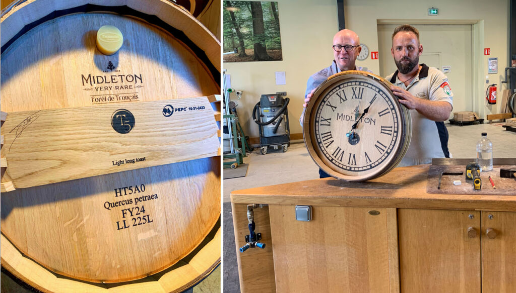 A photograph of the front of the T5 cask, and a unique clock that is made from a barrel lid