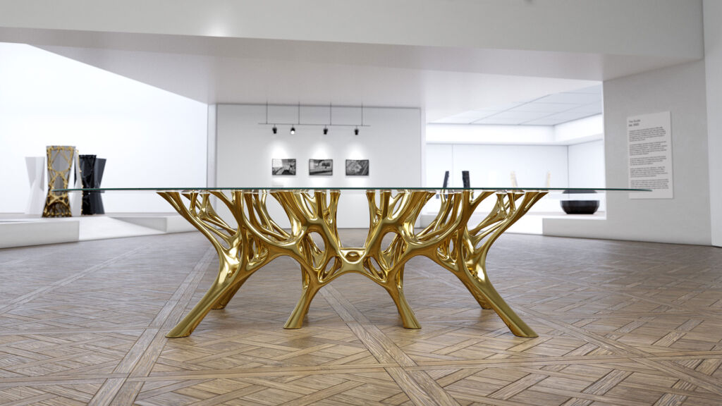 A side view of the dining table with its gold coloured legs