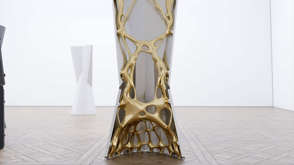 A photograph showing the gold elements in the rear of a white dining chair