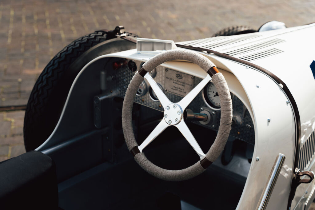 A close up view of the rope bound steering wheel