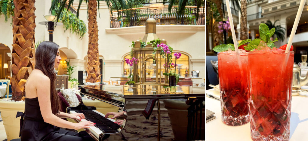 The pianist playing at Winter Garden in the Landmark London and a photograph of the mocktails