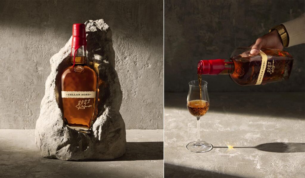 Two photograph of the Maker's Mark Cellar Aged, the first with it encased in rock, the second of it being poured