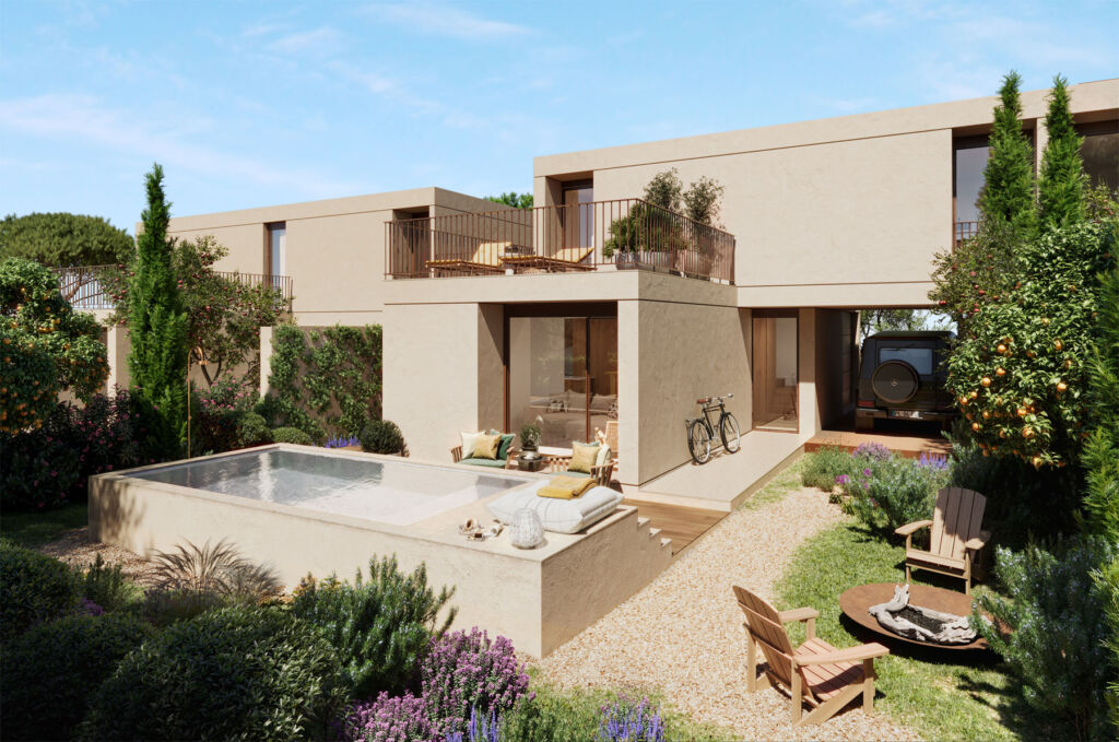 A rendering of a villa with an outdoor pool in Natura Village