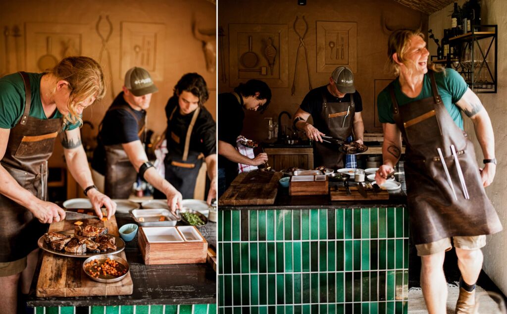 Two photographs showing the joy the staff have when producing dishes for guests