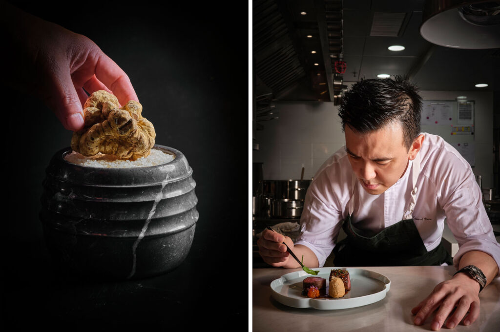 Two photographs, one of white truffles, the other of the Chef plating a dish