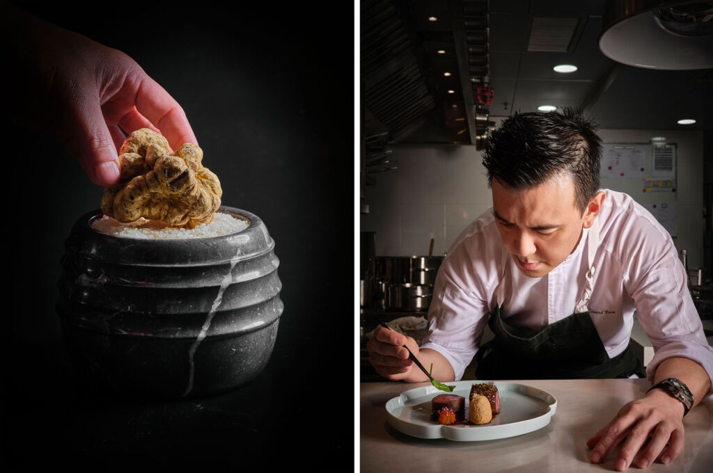 Auor by Edward Voon Celebrates Festive Season with New French & Asian Menus 11 Two photographs, one of white truffles, the other of the Chef plating a dish