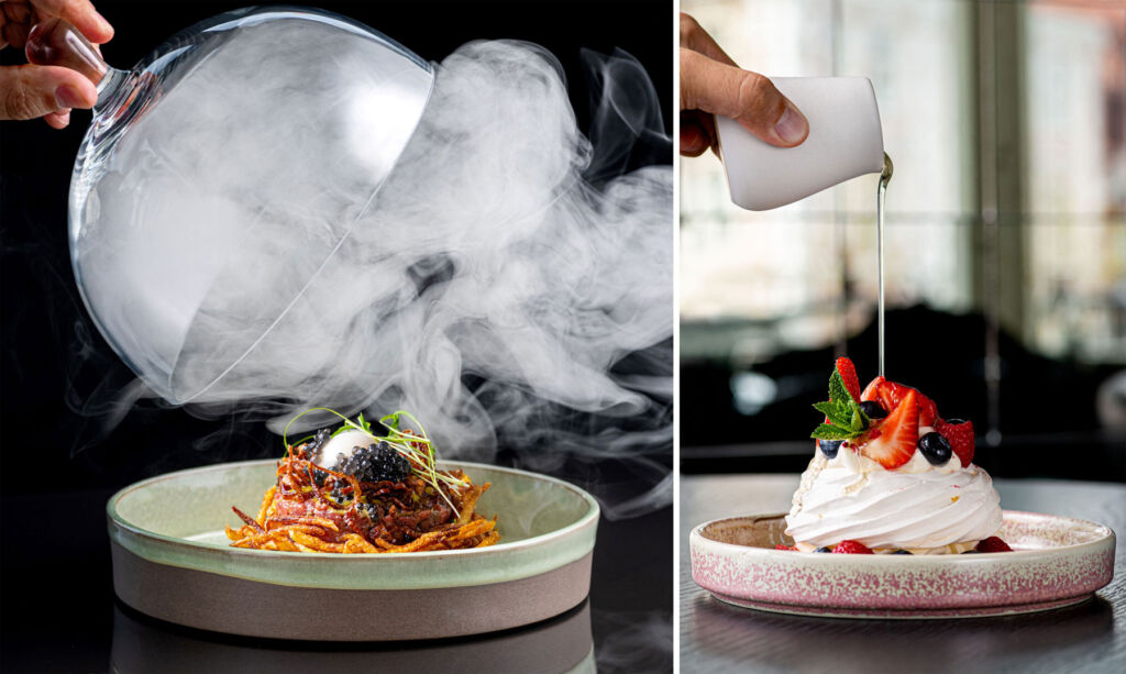 Two photographs showing the theatrical way food is served at the Astorija Brasserie
