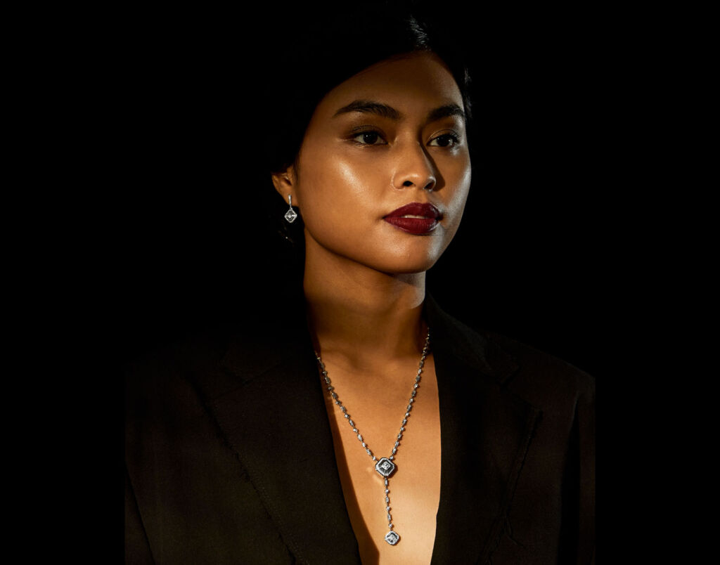 A model wearing the Luminaire Earring and Lariat Necklace