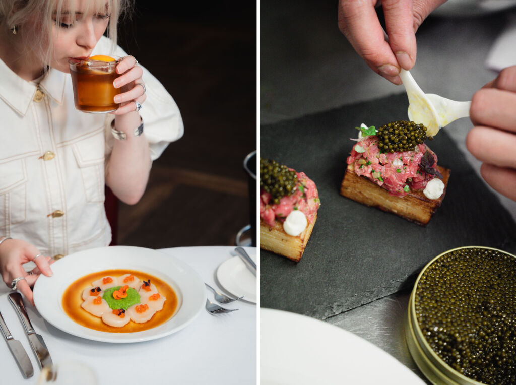 Two photographs of dishes with caviar