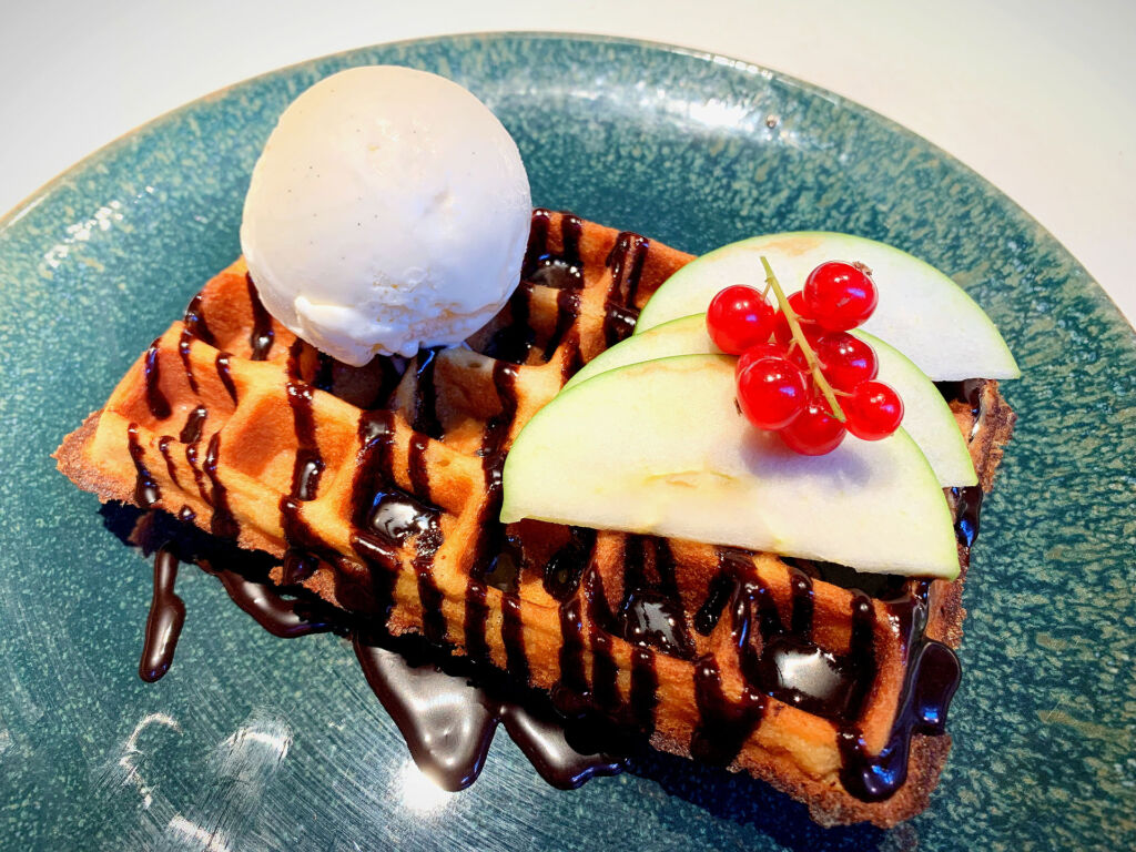 A photograph of the chocolate waffle dessert