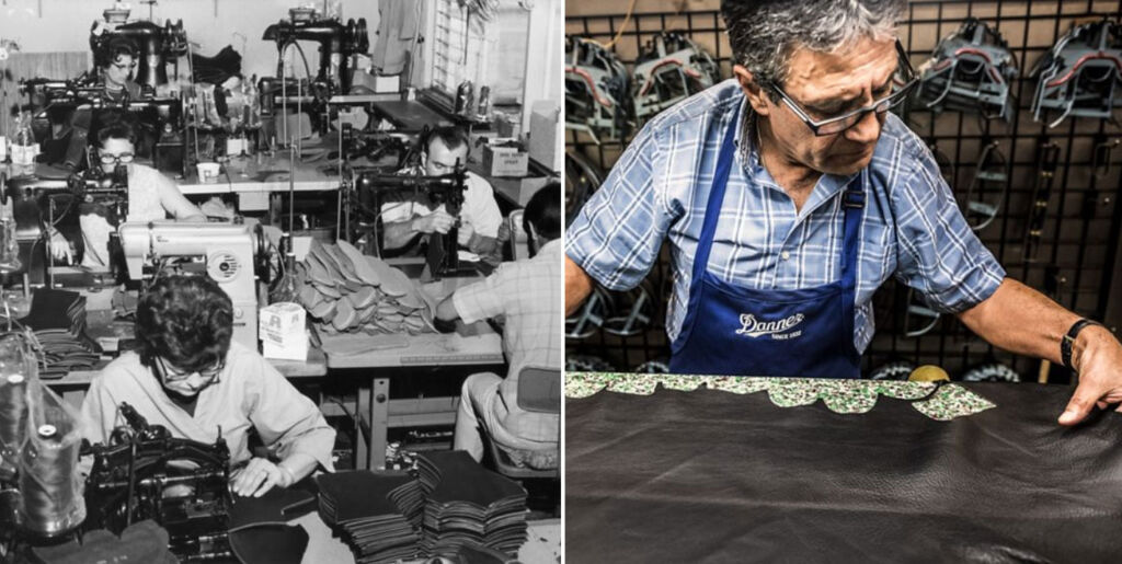 Two photographs showing the boot making process in the factory, one from the company's early days, the other in current times