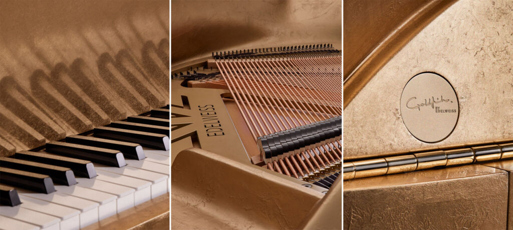 Three close up images showing the beautiful design imparted into the piano