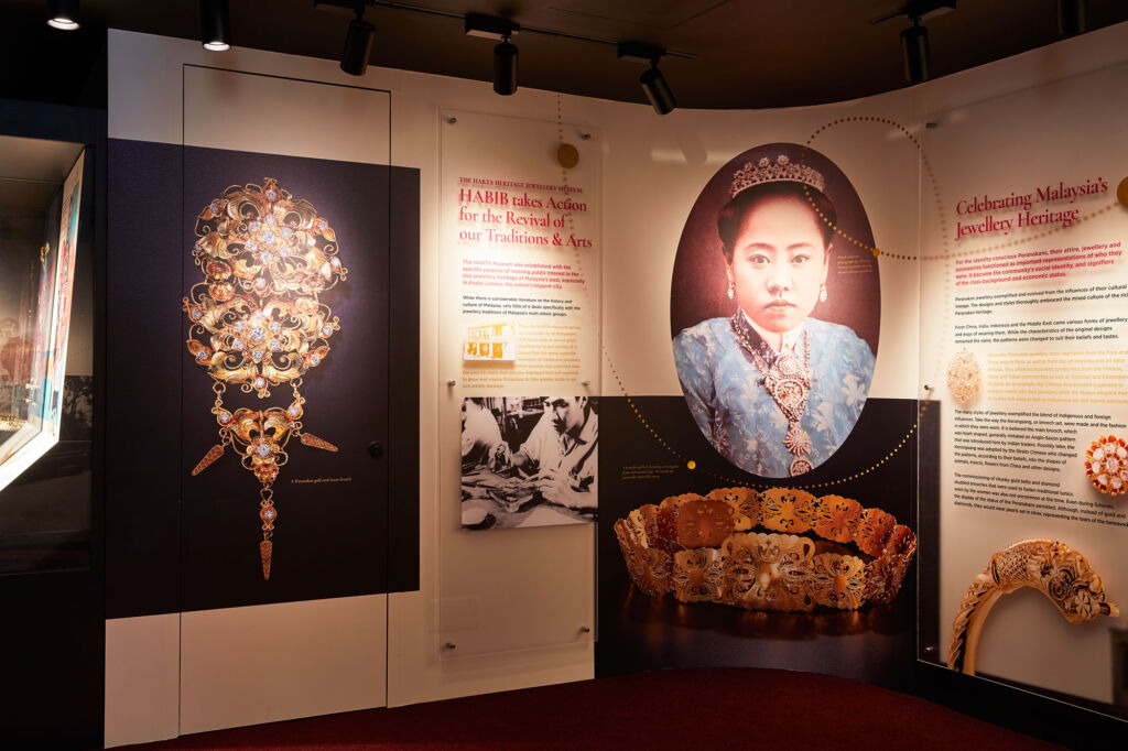 Some of the large displays explaining the history of jewellery in Malaysia