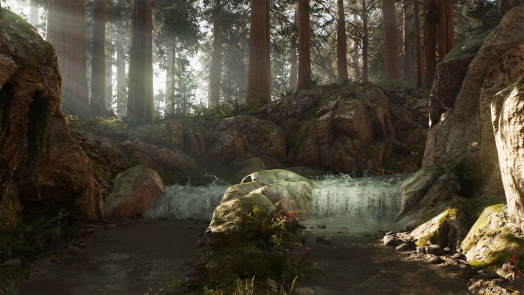 A still from the video artwork showing a stream flowing in a misty forest