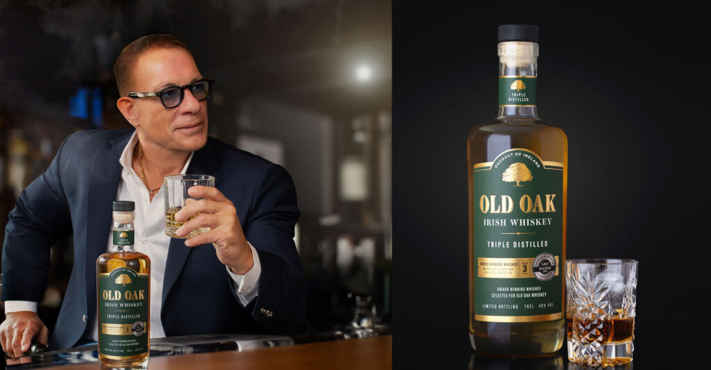 Jean Claude Van-Damme with a bottle of the 1-year-Old Oak Irish Whiskey and a separate photo of a bottle of the three year old