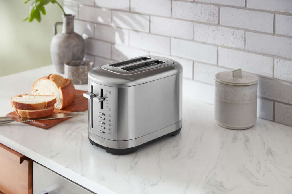 The stainless steel version of the toaster in the kitchen
