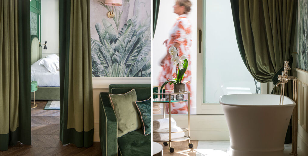 Two photographs, one showing the high quality decor in the bedroom suite, the other of an en-suite bathroom