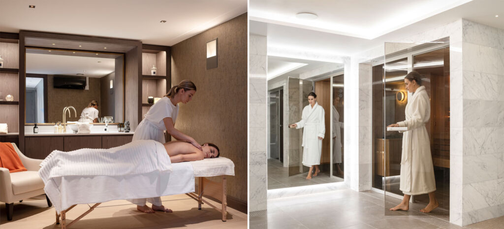 Two photographs, the first showing a resident getting a massage in the spa and the second shows a woman exiting the steam room